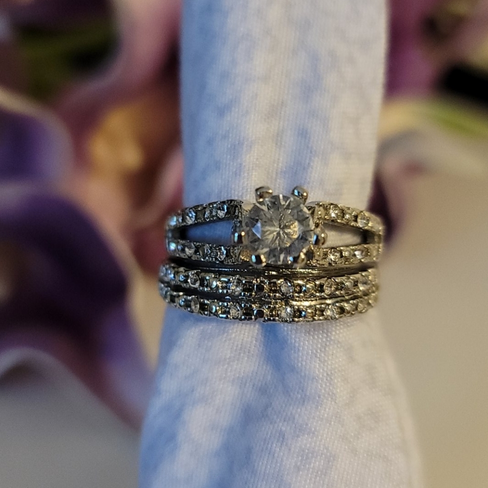 Wedding ring set sterling silver plated sz 10 - Picture 9 of 11